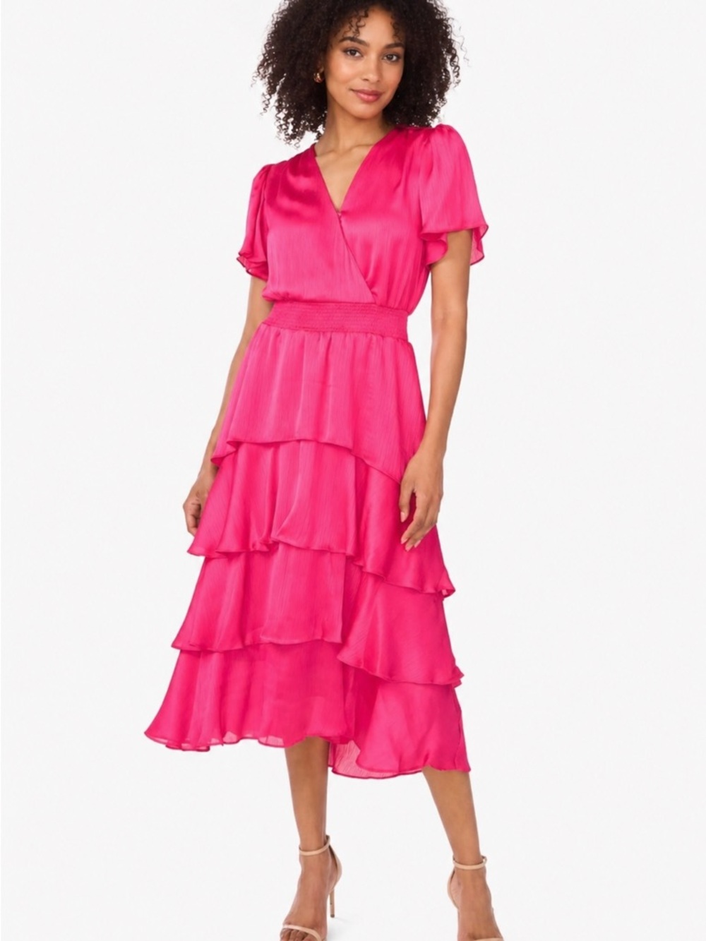 Vince Camuto Hot Pink Ruffle Tiered Dress | Flutter Sleeve V-Neck | XS NWT